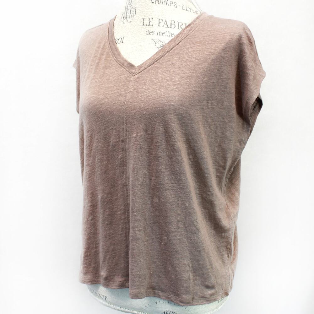Eileen Fisher Light Brown 100% Linen V-Neck Bat Sleeve T-Shirt Top Minimalist S